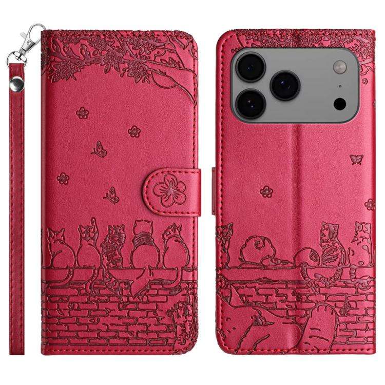 Cat Embossing Pattern Leather Phone Case with Lanyard, For iPhone 18 Pro / 17 Pro, For iPhone 18 ...