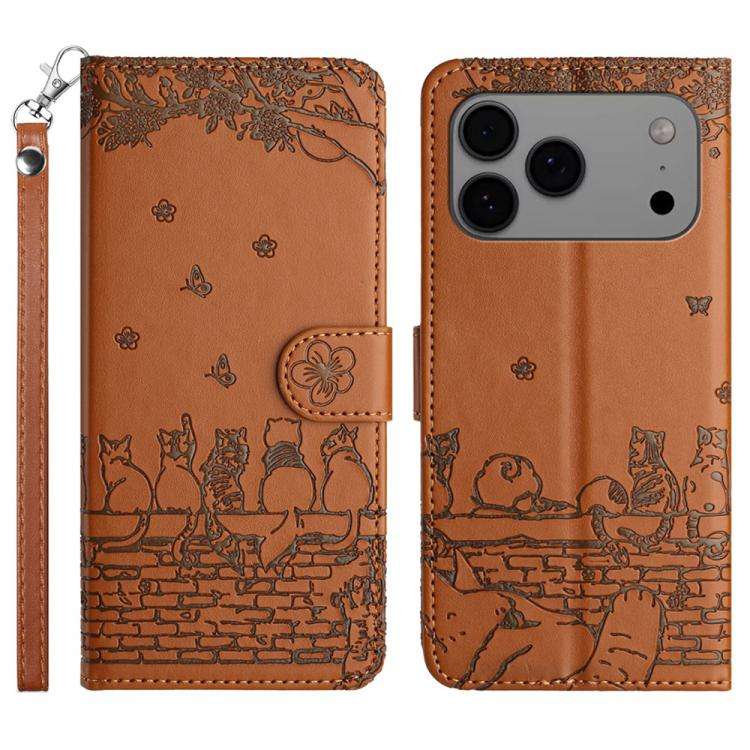 Cat Embossing Pattern Leather Phone Case with Lanyard, For iPhone 18 Pro / 17 Pro, For iPhone 18 ...