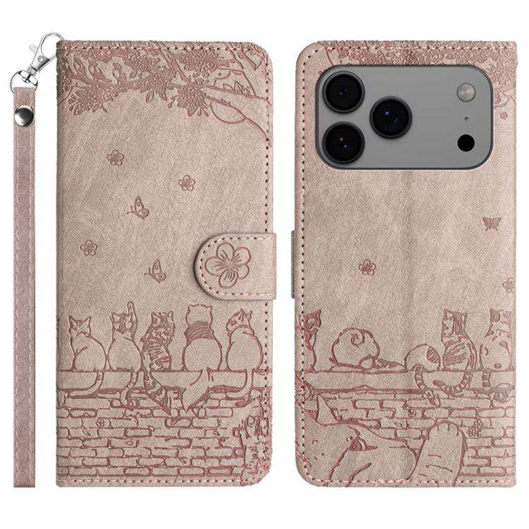 Cat Embossing Pattern Leather Phone Case with Lanyard, For iPhone 18 Pro / 17 Pro, For iPhone 18 ...