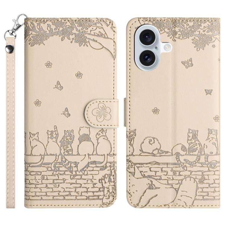 Cat Embossing Pattern Leather Phone Case with Lanyard, For iPhone 18 Pro / 17 Pro, For iPhone 18 ...