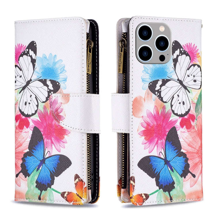 Colored Drawing Pattern Zipper Phone Leather Case, For iPhone 16 Pro Max, For iPhone 16 Pro, For ...