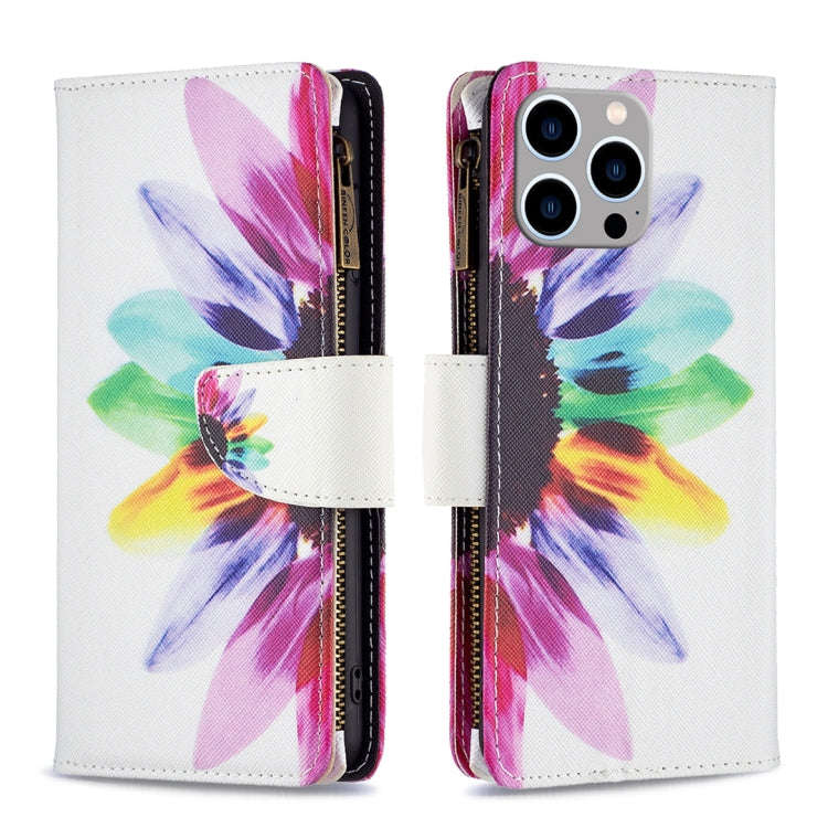 Colored Drawing Pattern Zipper Phone Leather Case, For iPhone 16 Pro Max, For iPhone 16 Pro, For ...