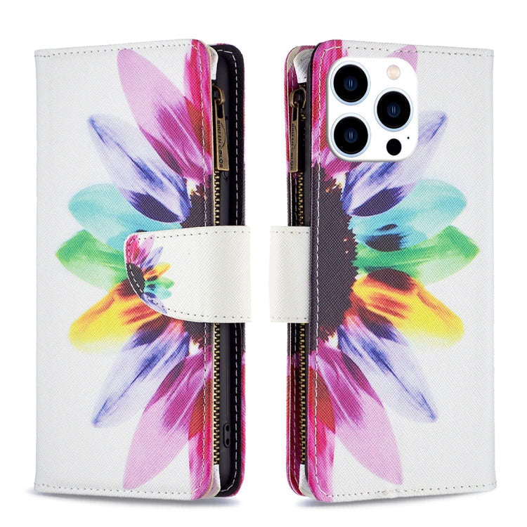Colored Drawing Pattern Zipper Phone Leather Case, For iPhone 16 Pro Max, For iPhone 16 Pro, For ...