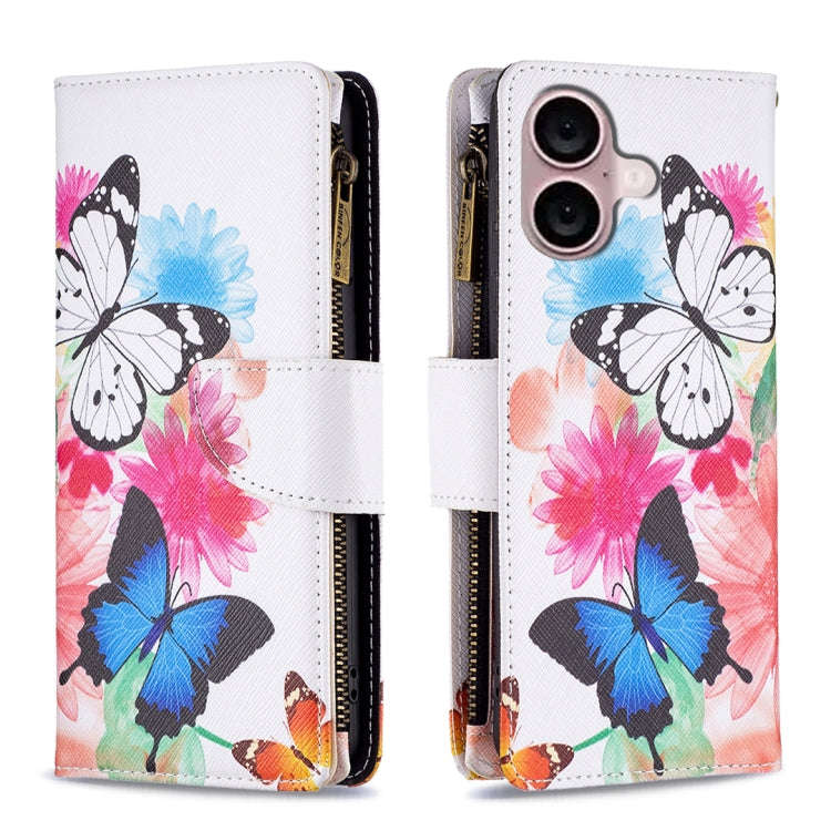 Colored Drawing Pattern Zipper Phone Leather Case, For iPhone 16 Pro Max, For iPhone 16 Pro, For ...