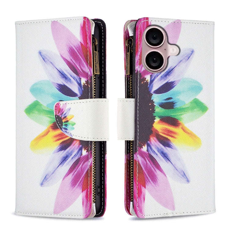 Colored Drawing Pattern Zipper Phone Leather Case, For iPhone 16 Pro Max, For iPhone 16 Pro, For ...