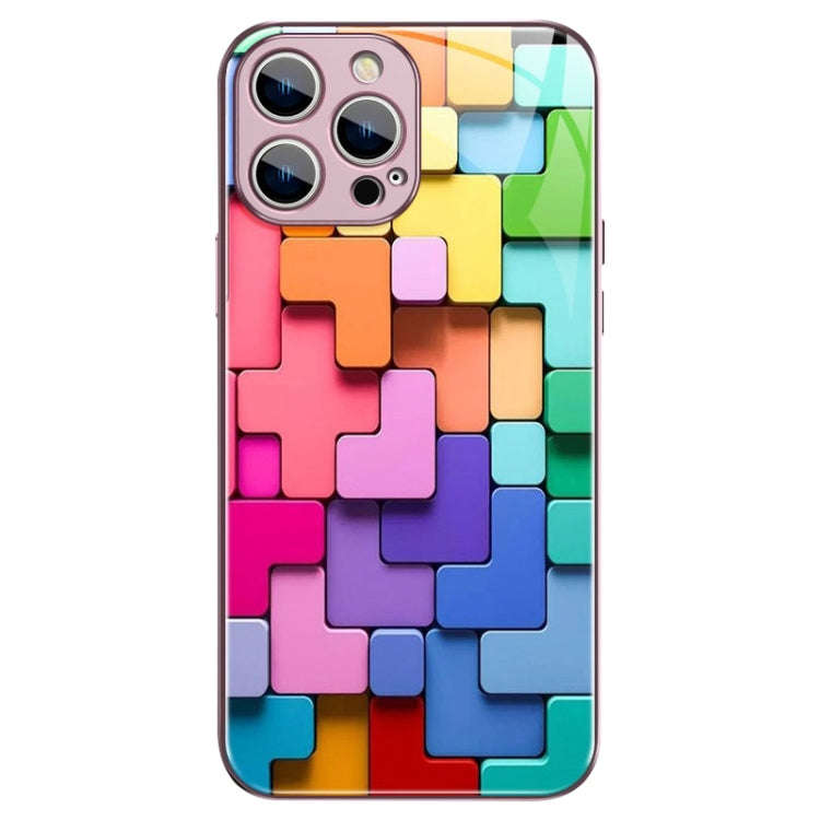 Colorful Toy Bricks Pattern Shockproof Glass Phone Case, For iPhone 14 Plus, For iPhone 14, For i...