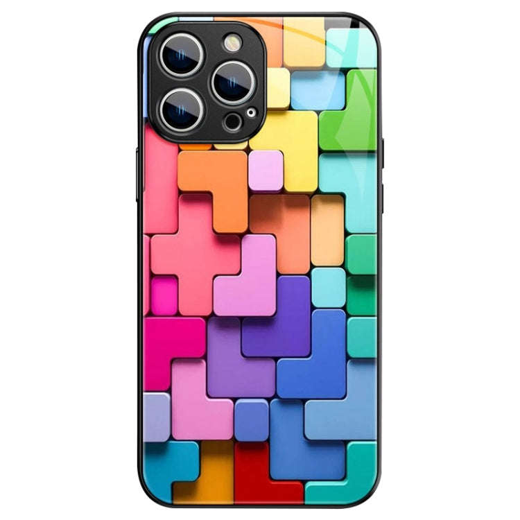 Colorful Toy Bricks Pattern Shockproof Glass Phone Case, For iPhone 14 Plus, For iPhone 14, For i...