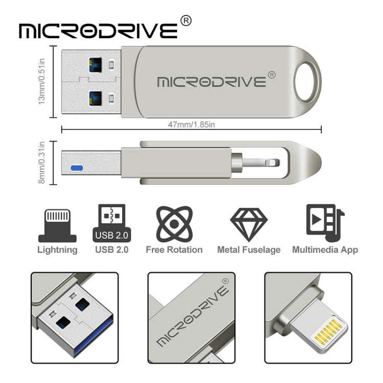 MicroDrive 2 In 1 Lightning + USB2.0 Portable Metal USB Flash Disk, 32GB, 64GB, 128GB