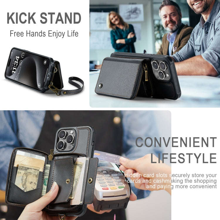 JEEHOOD C22 Series Zipper Wallet Leather Phone Case with Dual Lanyard, For iPhone 15 Pro, For iPh...
