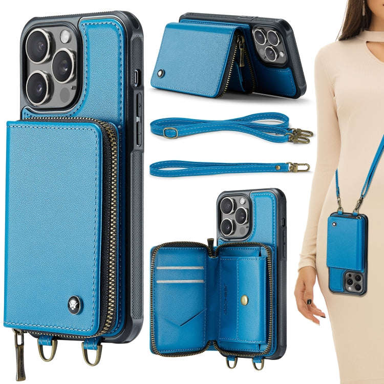 JEEHOOD C22 Series Zipper Wallet Leather Phone Case with Dual Lanyard, For iPhone 15 Pro, For iPh...