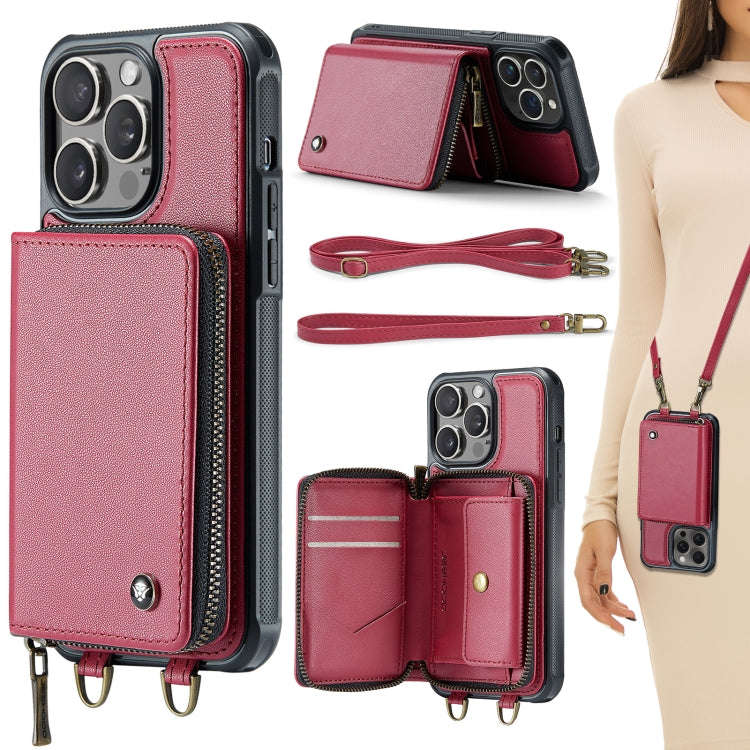 JEEHOOD C22 Series Zipper Wallet Leather Phone Case with Dual Lanyard, For iPhone 15 Pro, For iPh...