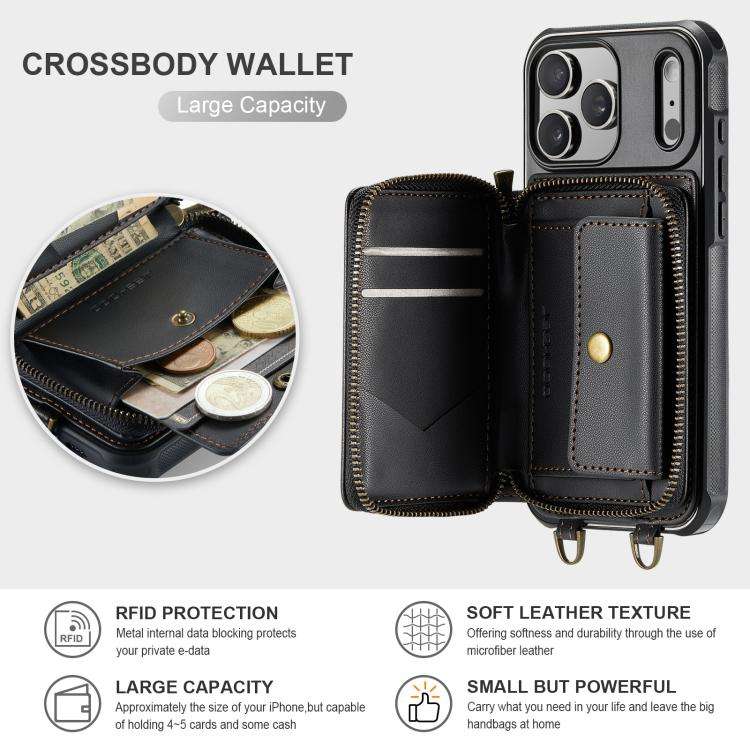 JEEHOOD C22 Series Zipper Wallet Leather Phone Case with Dual Lanyard, For iPhone 17 Pro Max, For...