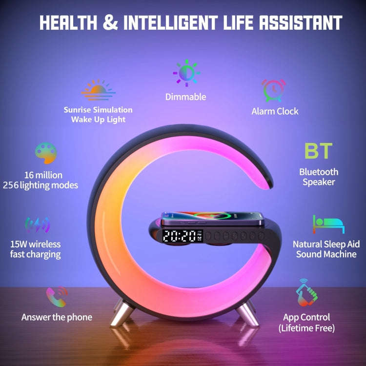 N69-1 Smart Bluetooth Speaker with Wireless Charger & Alarm Clock & Ambient Light, Support APP, W...