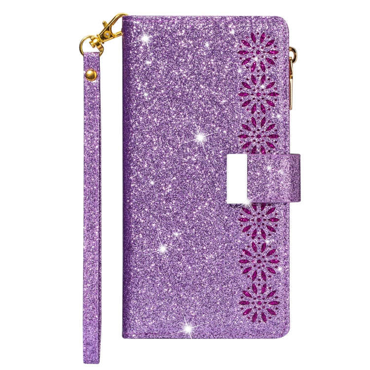 Multi-card Slots Starry Sky Laser Carving Glitter Zipper Horizontal Flip Leather Case with Holder...
