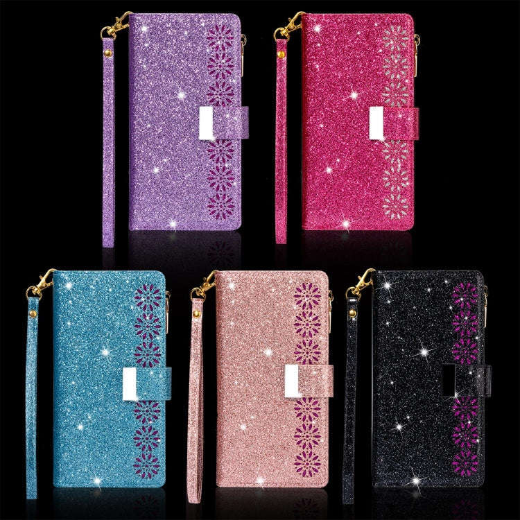 Multi-card Slots Starry Sky Laser Carving Glitter Zipper Horizontal Flip Leather Case with Holder...