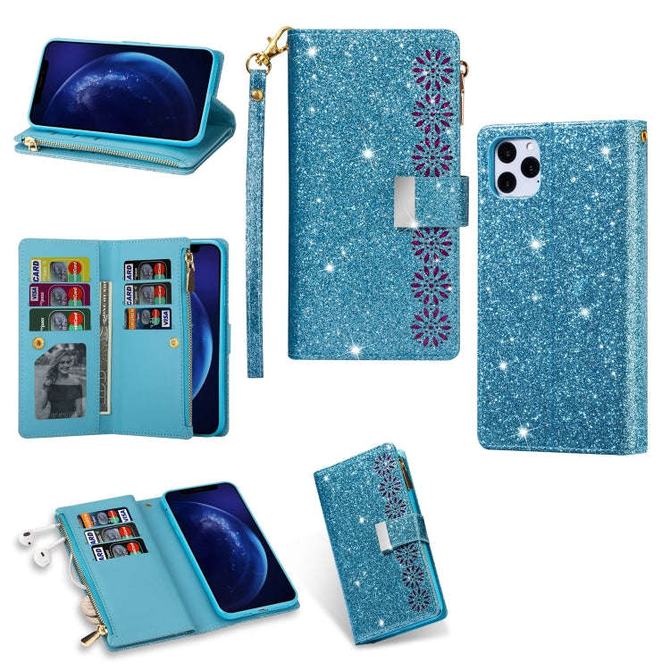 Multi-card Slots Starry Sky Laser Carving Glitter Zipper Horizontal Flip Leather Case with Holder...