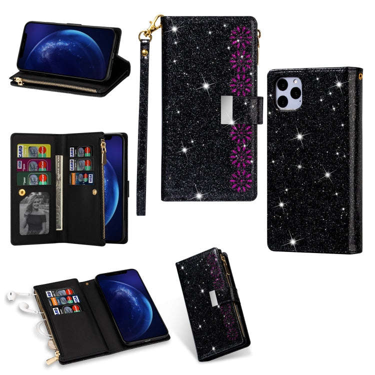Multi-card Slots Starry Sky Laser Carving Glitter Zipper Horizontal Flip Leather Case with Holder...
