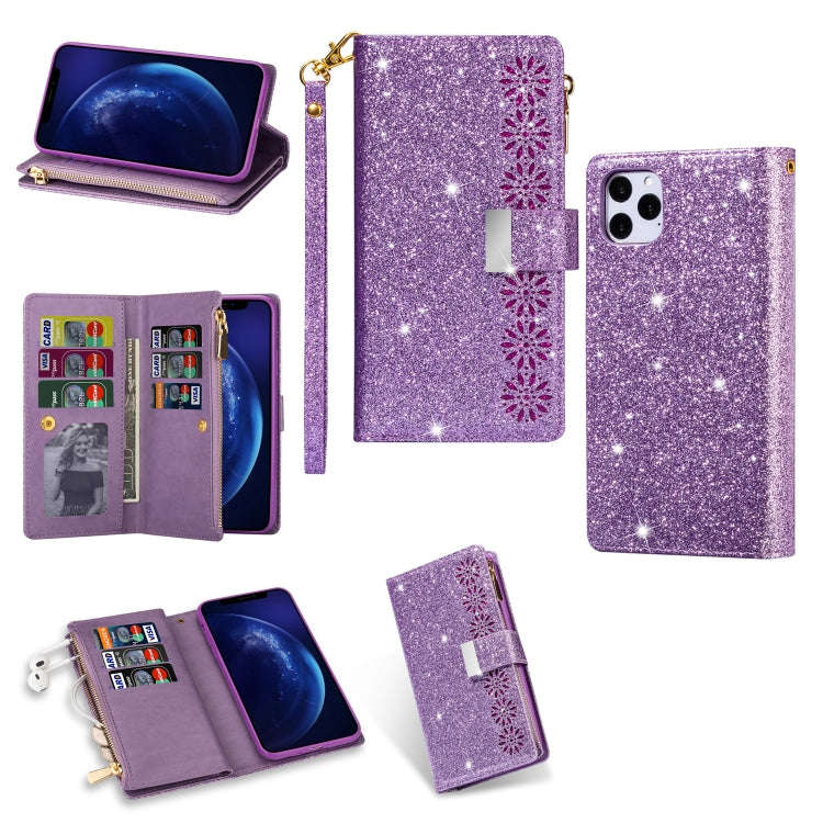 Multi-card Slots Starry Sky Laser Carving Glitter Zipper Horizontal Flip Leather Case with Holder...