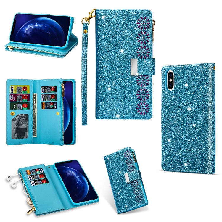 Multi-card Slots Starry Sky Laser Carving Glitter Zipper Horizontal Flip Leather Case with Holder...
