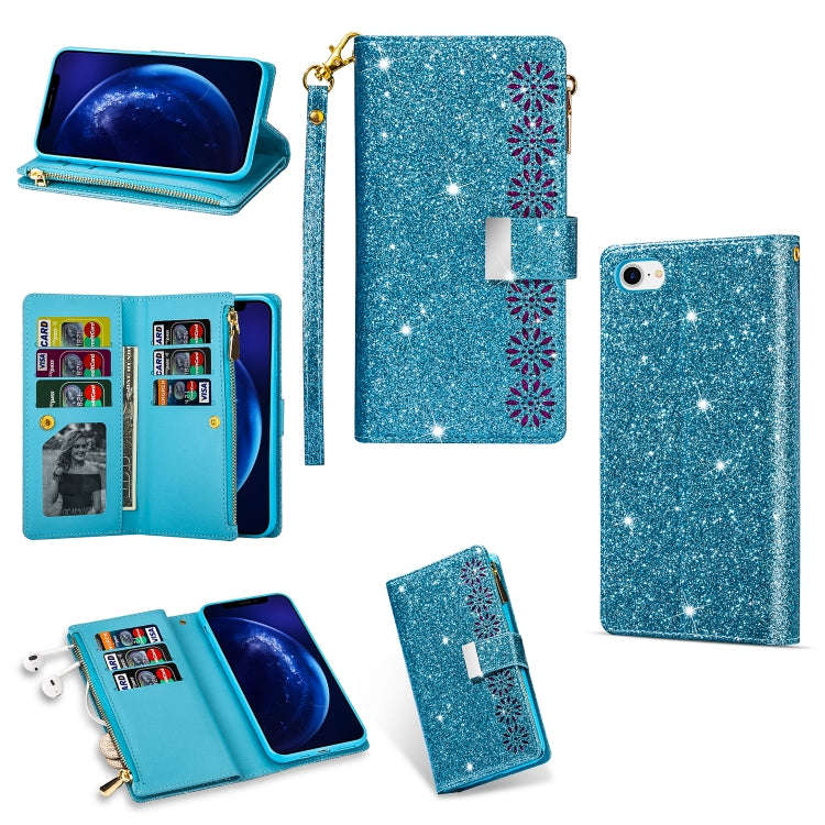 Multi-card Slots Starry Sky Laser Carving Glitter Zipper Horizontal Flip Leather Case with Holder...