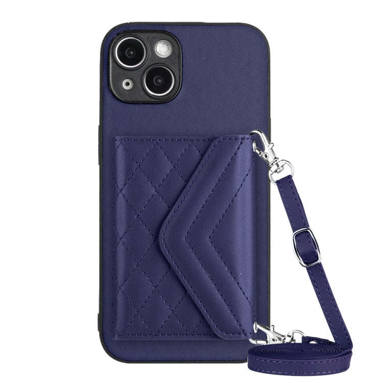 Rhombic Texture Card Bag RFID Phone Case with Long Lanyard, For iPhone 15 Pro Max, For iPhone 15 ...
