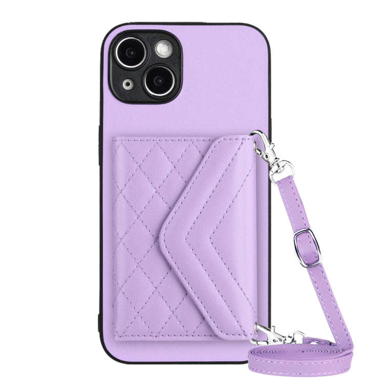Rhombic Texture Card Bag RFID Phone Case with Long Lanyard, For iPhone 15 Pro Max, For iPhone 15 ...