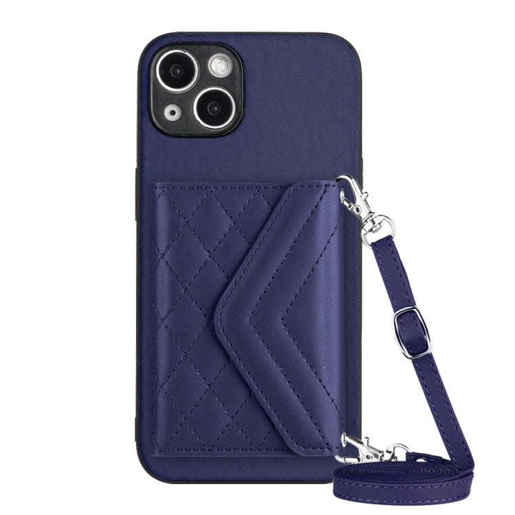 Rhombic Texture Card Bag RFID Phone Case with Long Lanyard, For iPhone 15 Pro Max, For iPhone 15 ...