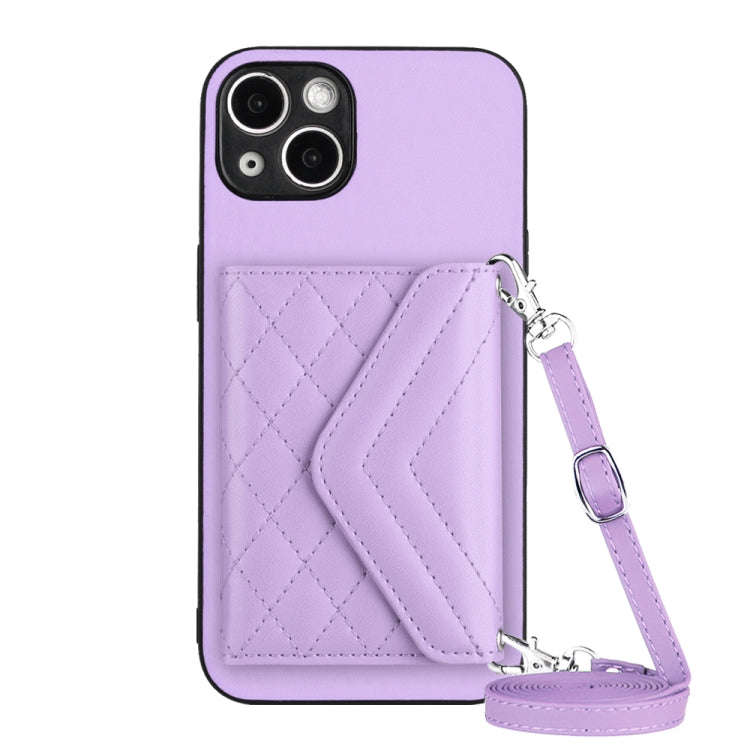 Rhombic Texture Card Bag RFID Phone Case with Long Lanyard, For iPhone 15 Pro Max, For iPhone 15 ...