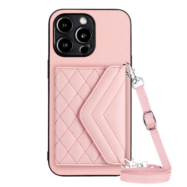 Rhombic Texture Card Bag RFID Phone Case with Long Lanyard, For iPhone 15 Pro Max, For iPhone 15 ...