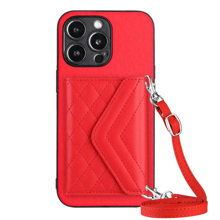 Rhombic Texture Card Bag RFID Phone Case with Long Lanyard, For iPhone 15 Pro Max, For iPhone 15 ...