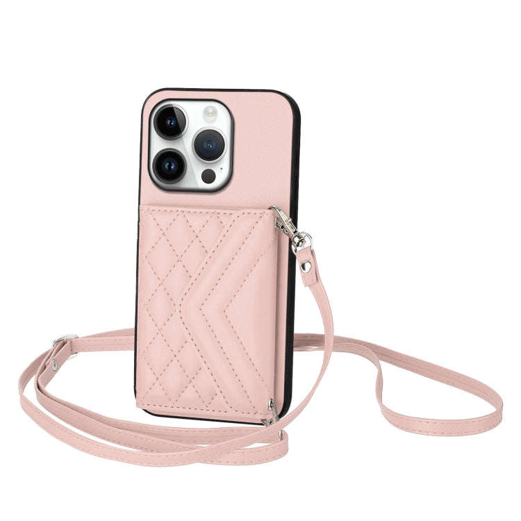 Rhombic Texture Card Bag RFID Phone Case with Long Lanyard, For iPhone 18 Pro / 17 Pro, For iPhon...
