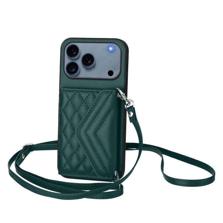 Rhombic Texture Card Bag RFID Phone Case with Long Lanyard, For iPhone 18 Pro / 17 Pro, For iPhon...