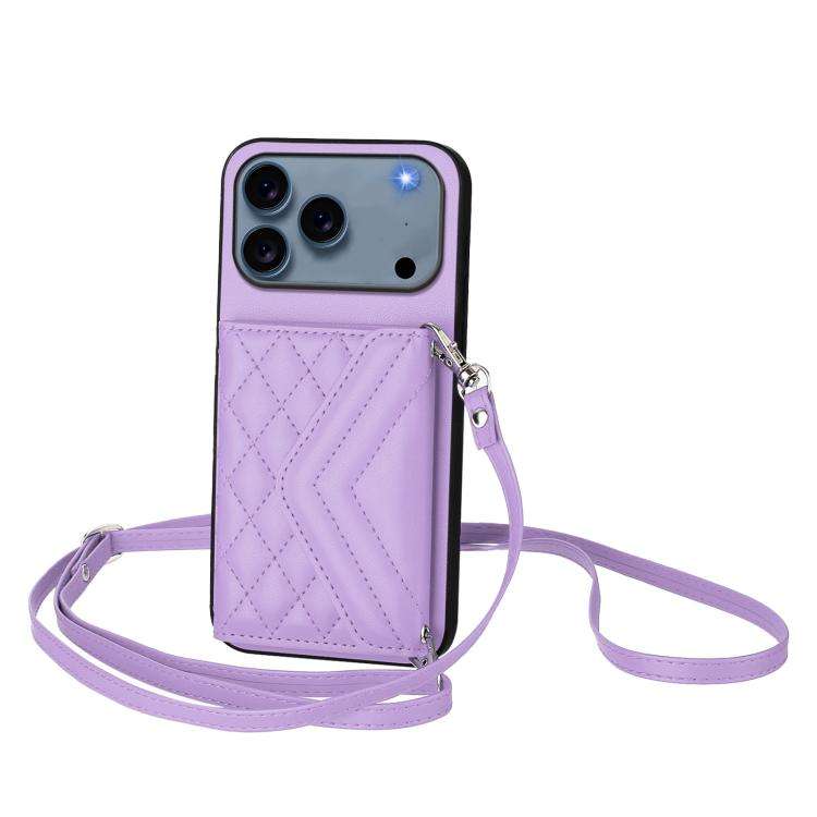 Rhombic Texture Card Bag RFID Phone Case with Long Lanyard, For iPhone 18 Pro / 17 Pro, For iPhon...