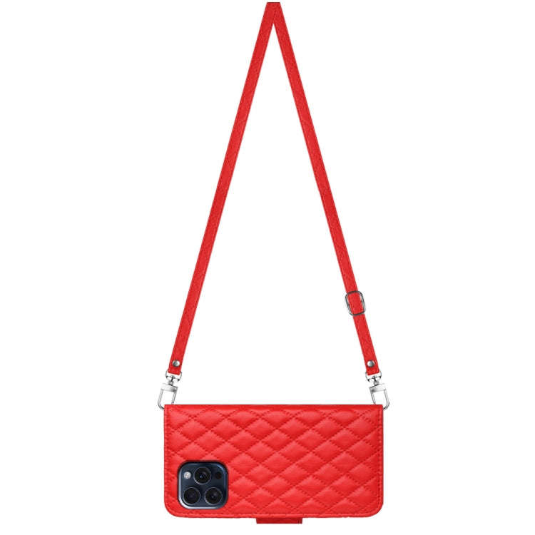 Rhombic Texture Flip Leather Phone Case with Long Lanyard, For iPhone 15 Pro Max, For iPhone 15 P...