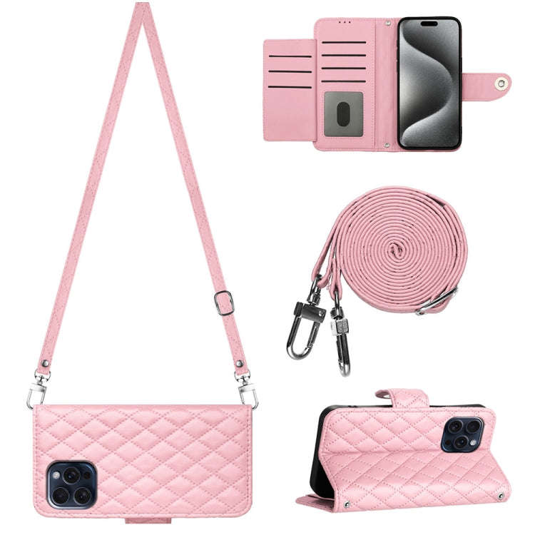Rhombic Texture Flip Leather Phone Case with Long Lanyard, For iPhone 15 Pro Max, For iPhone 15 P...