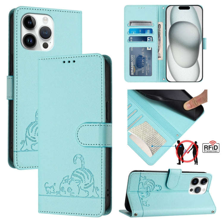 Cat Rat Embossed Pattern RFID Leather Phone Case with Lanyard, For iPhone 17 Pro Max, For iPhone ...