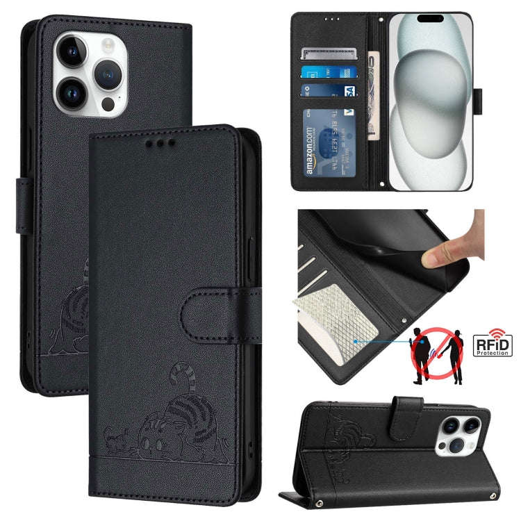 Cat Rat Embossed Pattern RFID Leather Phone Case with Lanyard, For iPhone 17 Pro Max, For iPhone ...