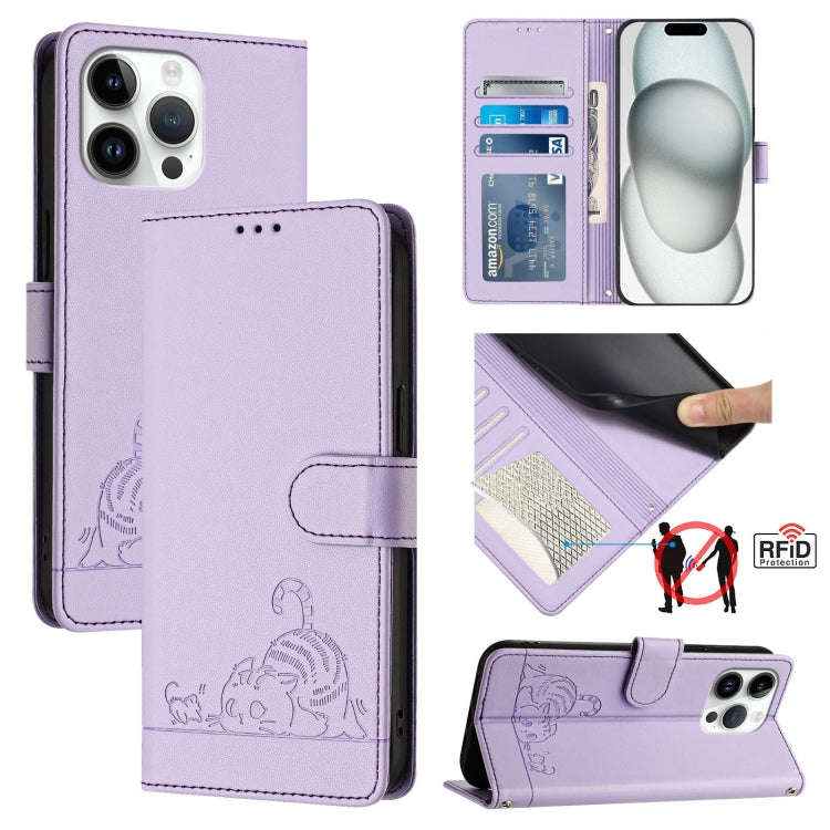 Cat Rat Embossed Pattern RFID Leather Phone Case with Lanyard, For iPhone 17 Pro Max, For iPhone ...
