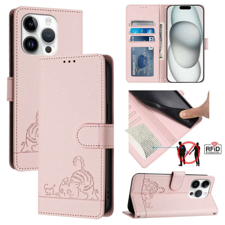 Cat Rat Embossed Pattern RFID Leather Phone Case with Lanyard, For iPhone 17 Pro Max, For iPhone ...
