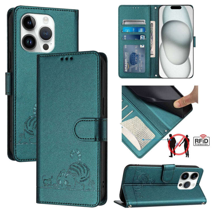 Cat Rat Embossed Pattern RFID Leather Phone Case with Lanyard, For iPhone 17 Pro Max, For iPhone ...
