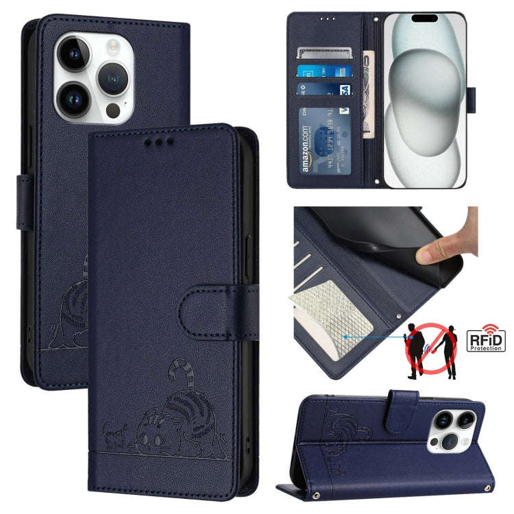 Cat Rat Embossed Pattern RFID Leather Phone Case with Lanyard, For iPhone 17 Pro Max, For iPhone ...