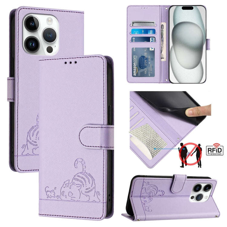 Cat Rat Embossed Pattern RFID Leather Phone Case with Lanyard, For iPhone 17 Pro Max, For iPhone ...