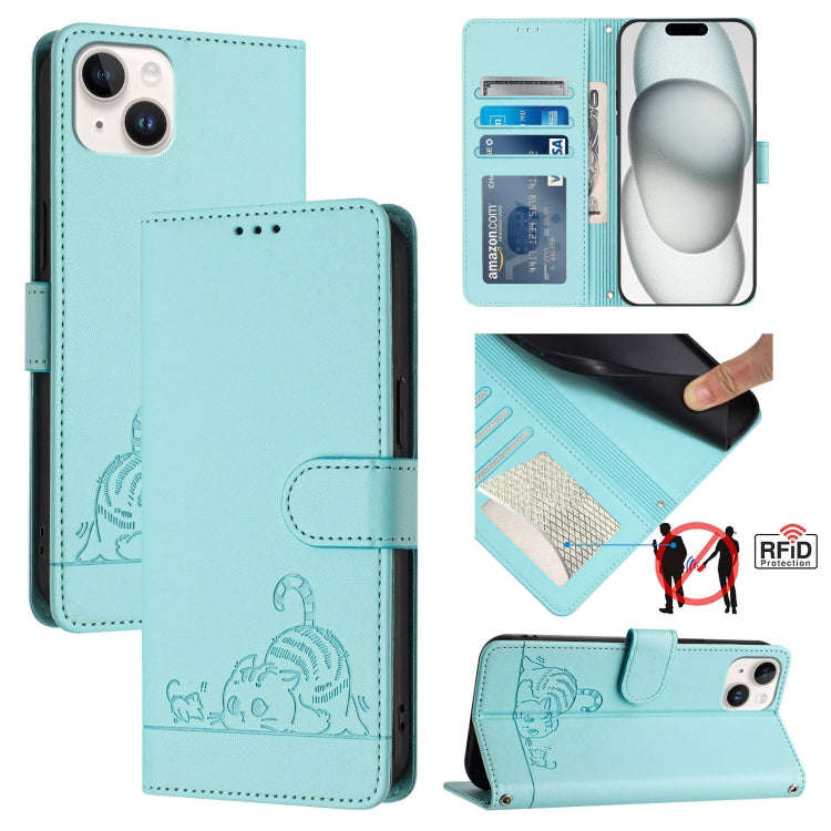 Cat Rat Embossed Pattern RFID Leather Phone Case with Lanyard, For iPhone 17 Pro Max, For iPhone ...