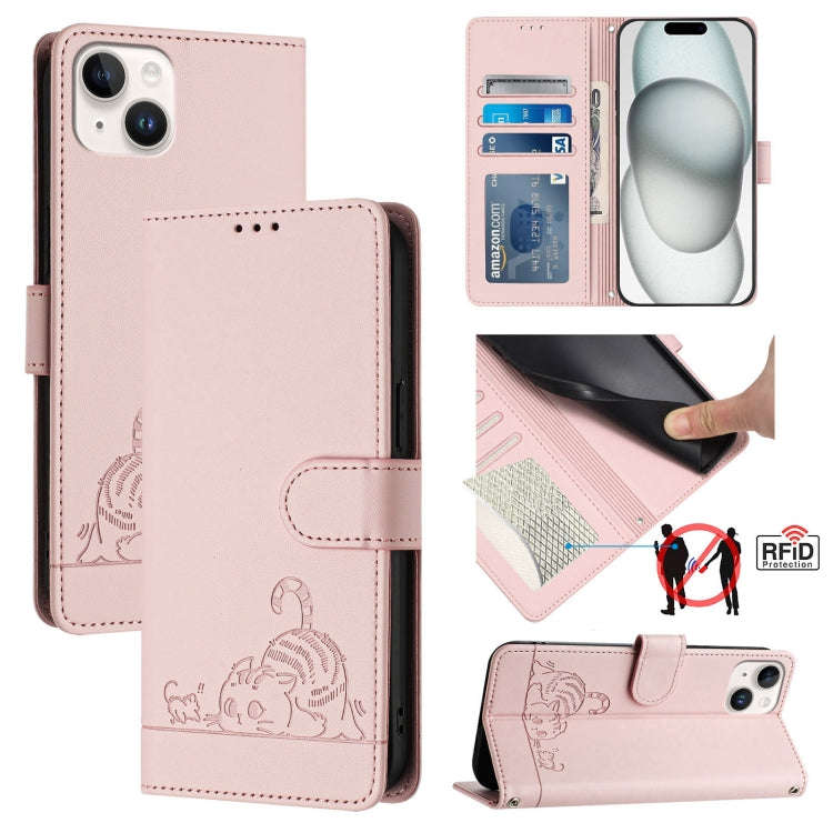 Cat Rat Embossed Pattern RFID Leather Phone Case with Lanyard, For iPhone 17 Pro Max, For iPhone ...