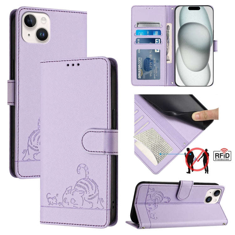 Cat Rat Embossed Pattern RFID Leather Phone Case with Lanyard, For iPhone 17 Pro Max, For iPhone ...