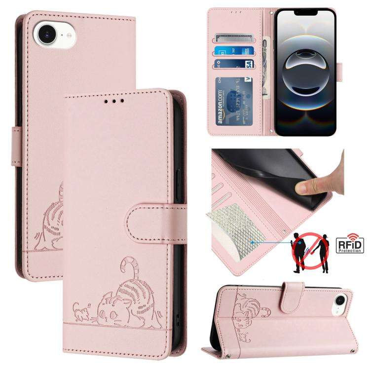Cat Rat Embossed Pattern RFID Leather Phone Case with Lanyard, For iPhone 17 Pro Max, For iPhone ...