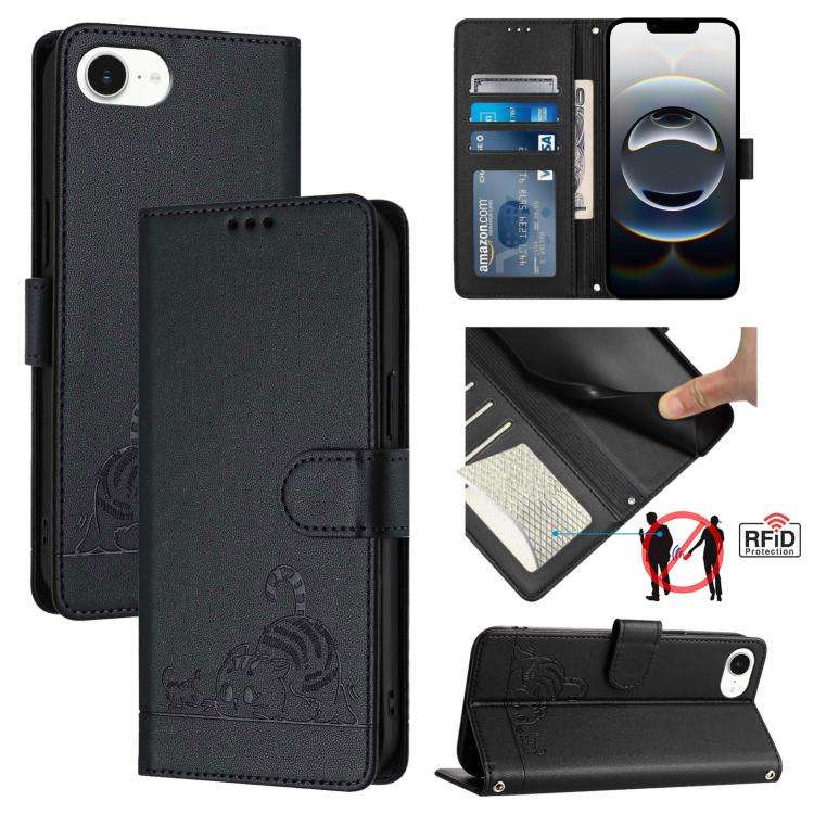 Cat Rat Embossed Pattern RFID Leather Phone Case with Lanyard, For iPhone 17 Pro Max, For iPhone ...