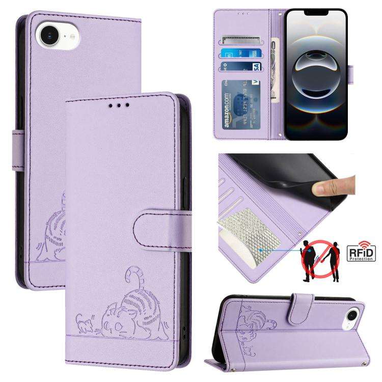 Cat Rat Embossed Pattern RFID Leather Phone Case with Lanyard, For iPhone 17 Pro Max, For iPhone ...