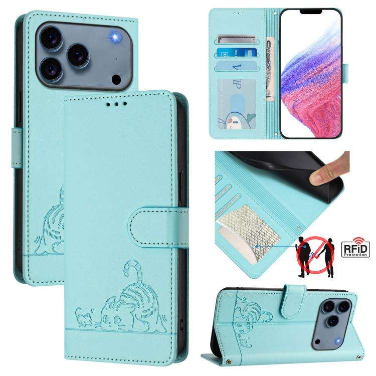 Cat Rat Embossed Pattern RFID Leather Phone Case with Lanyard, For iPhone 17 Pro Max, For iPhone ...