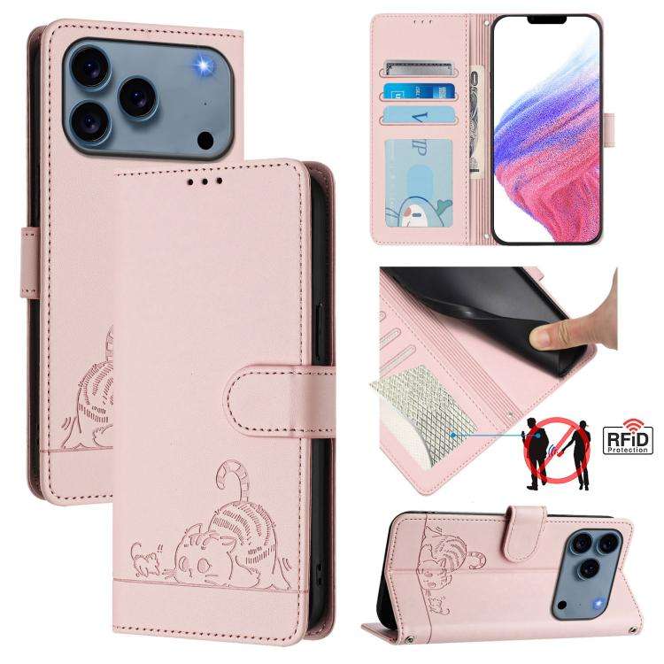 Cat Rat Embossed Pattern RFID Leather Phone Case with Lanyard, For iPhone 17 Pro Max, For iPhone ...